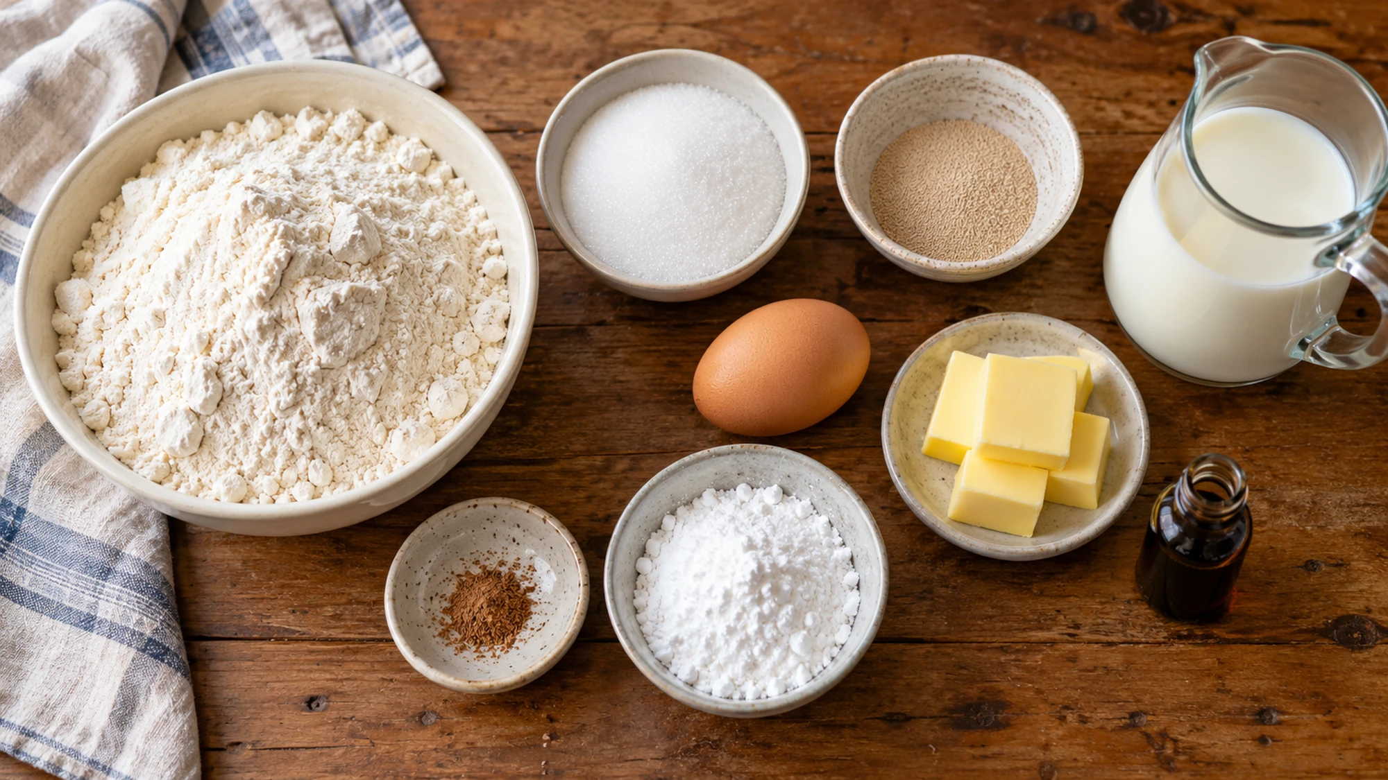 Flour, yeast, milk, egg, butter and glaze ingredients for donuts
