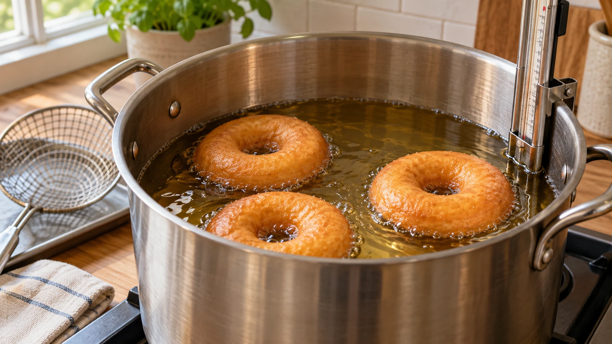 Golden donuts frying in a deep pot beside a clipped thermometer