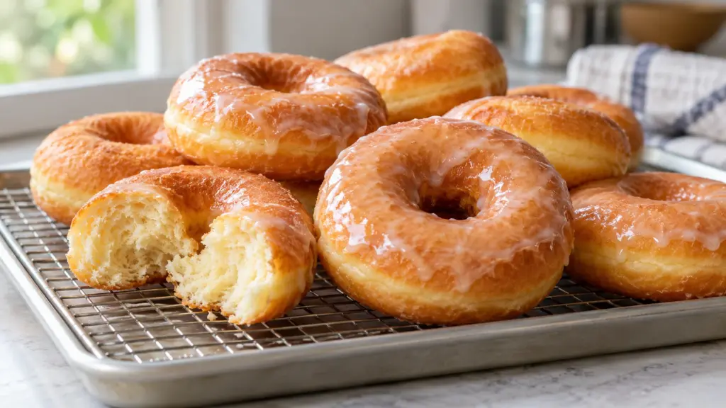 Glazed yeast donuts on a cooling rack with a torn ring showing the crumb