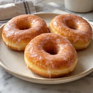 Three homemade donuts with a thin vanilla glaze
