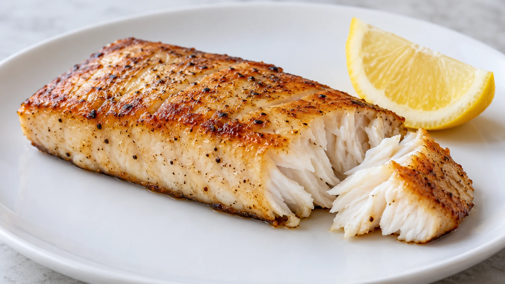 Golden seared mahi-mahi portion with opaque flakes and a lemon wedge