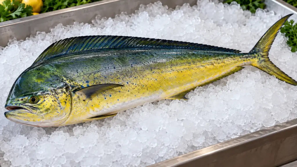 Whole mahi-mahi, also called dorado, with a long dorsal fin on crushed ice