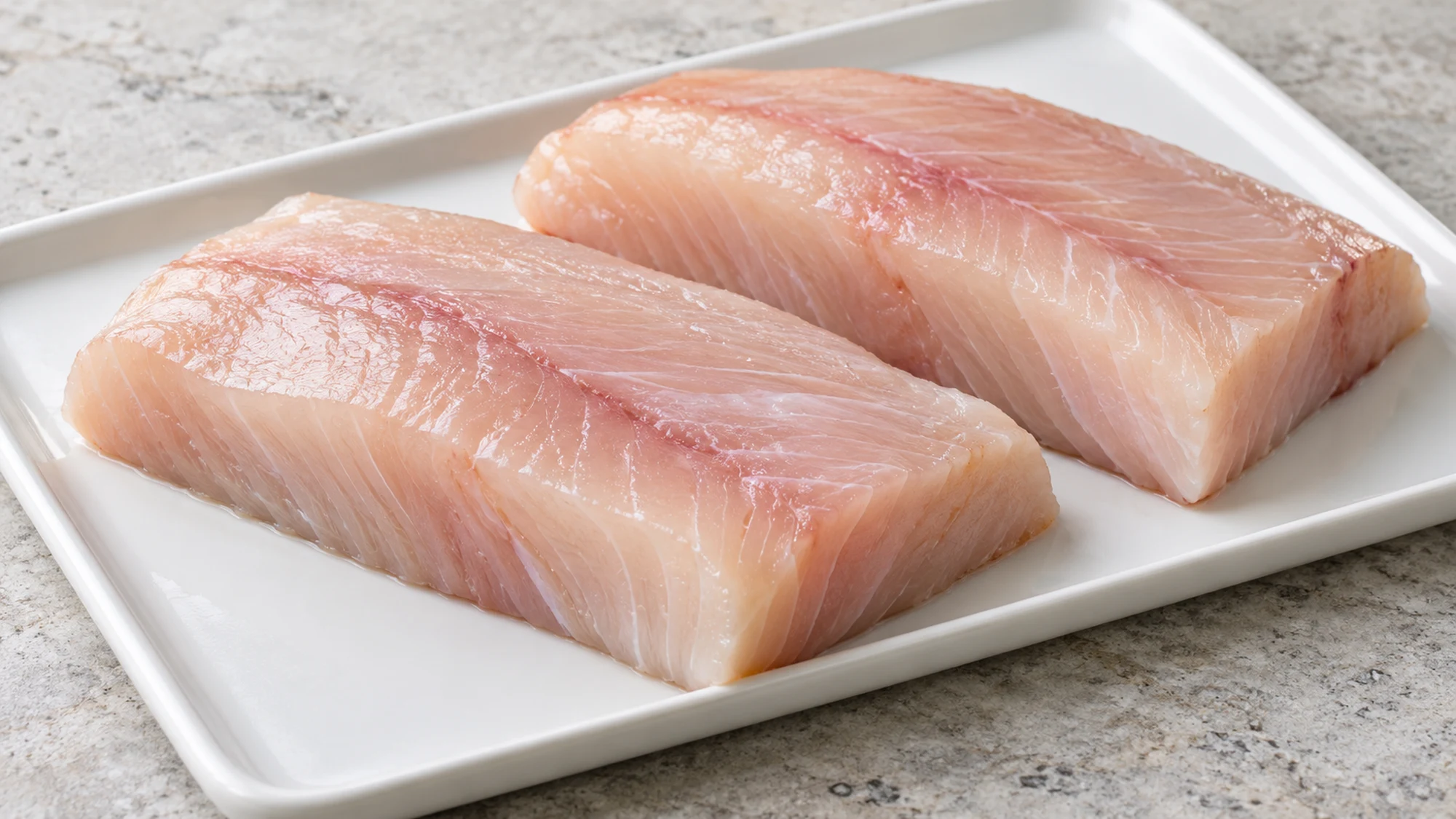 Two thick pale pinkish skinless mahi-mahi portions on a white tray