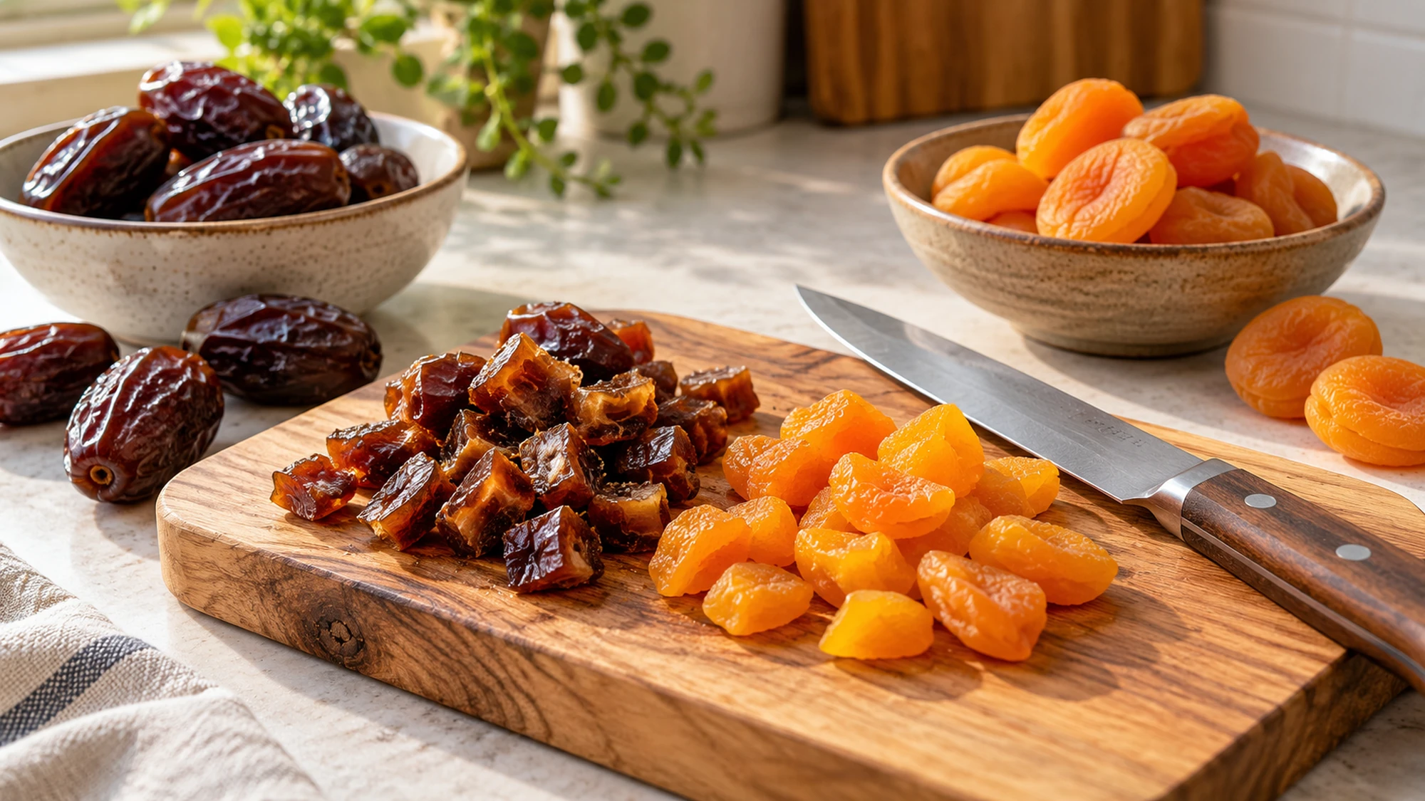 Chopped dried fruit with dates and apricots on a wooden board