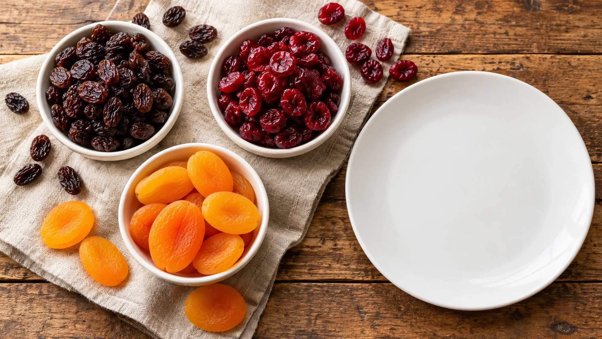 Dried fruit varieties including raisins, cranberries and apricots on separate dishes