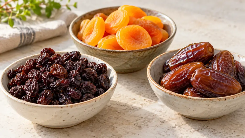 Dried fruit bowls containing raisins, apricot halves and dates