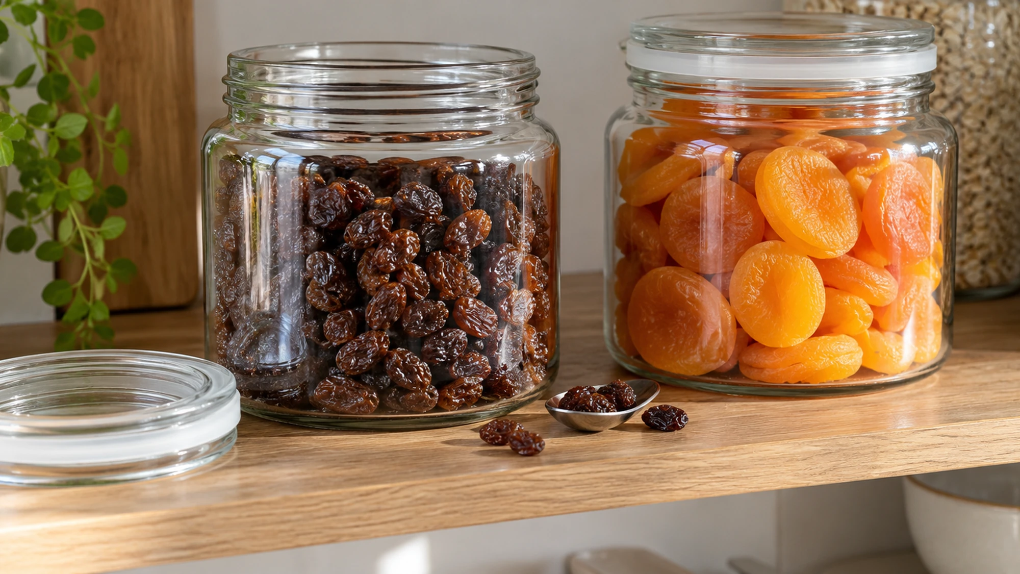 Dried fruit stored in glass jars with fitted lids