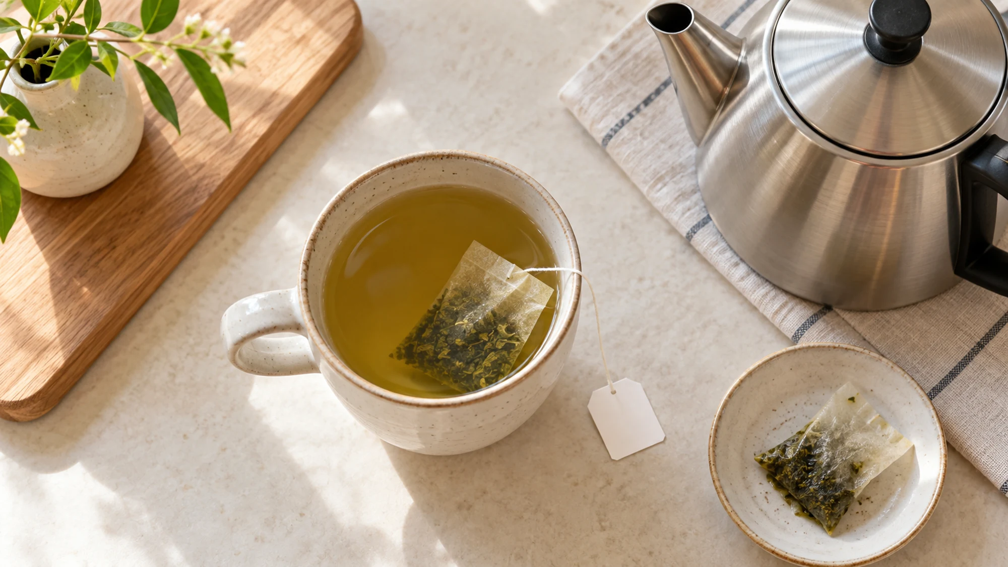 Paper green tea bag steeping in a ceramic mug beside a stainless steel kettle