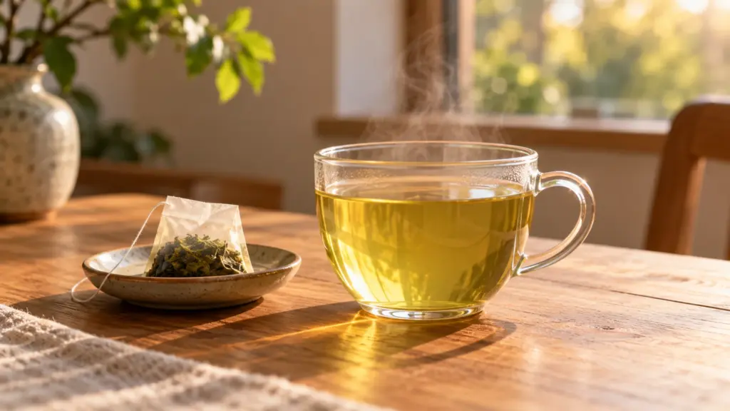 Clear cup of golden green tea beside a tea bag on a small dish