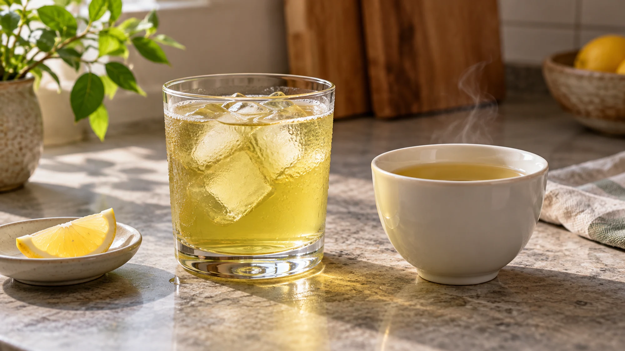 Glass of iced green tea beside a white cup of hot tea and a separate lemon wedge