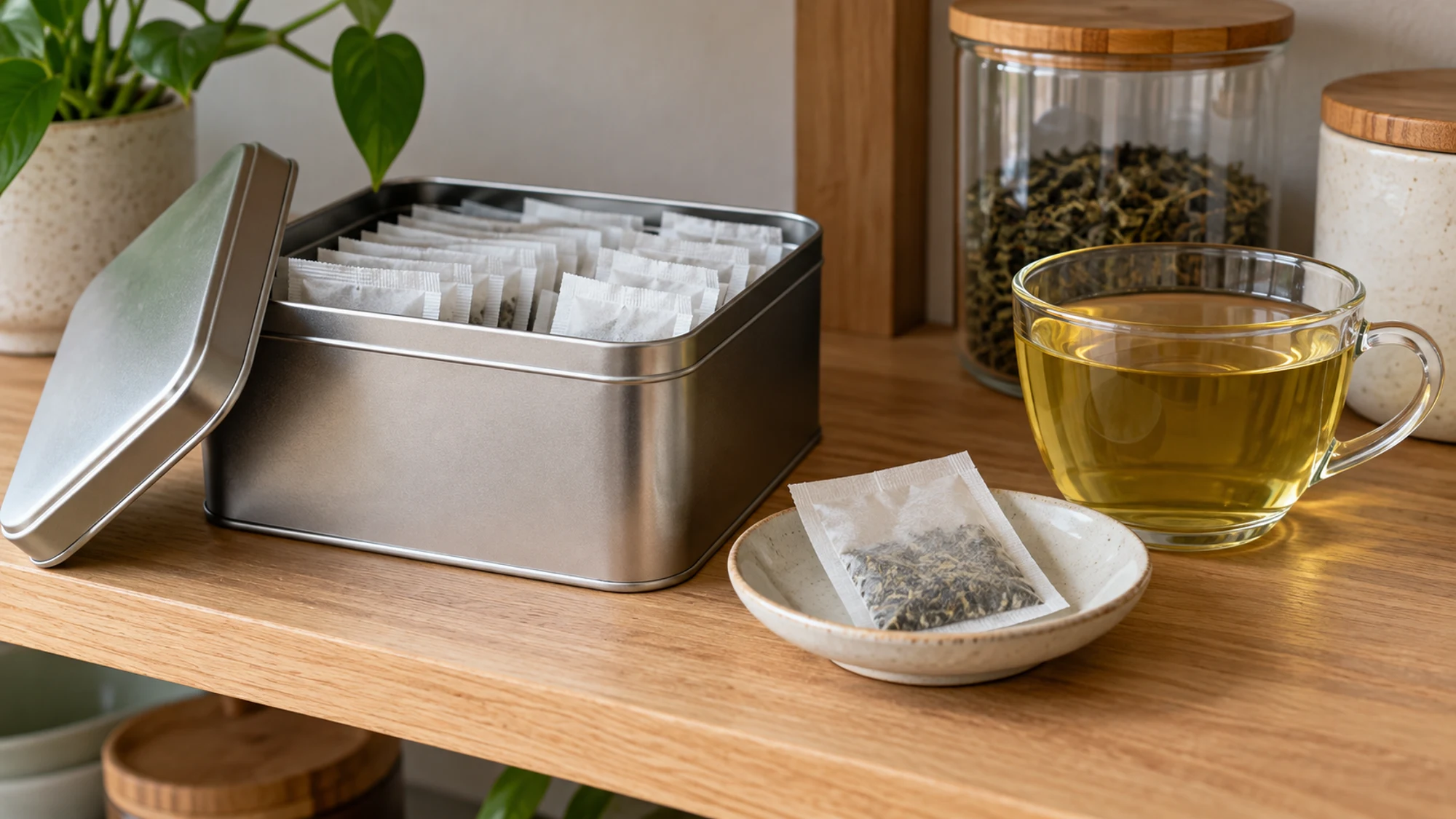 Plain wrapped tea sachets in a metal tin beside a cup of brewed green tea