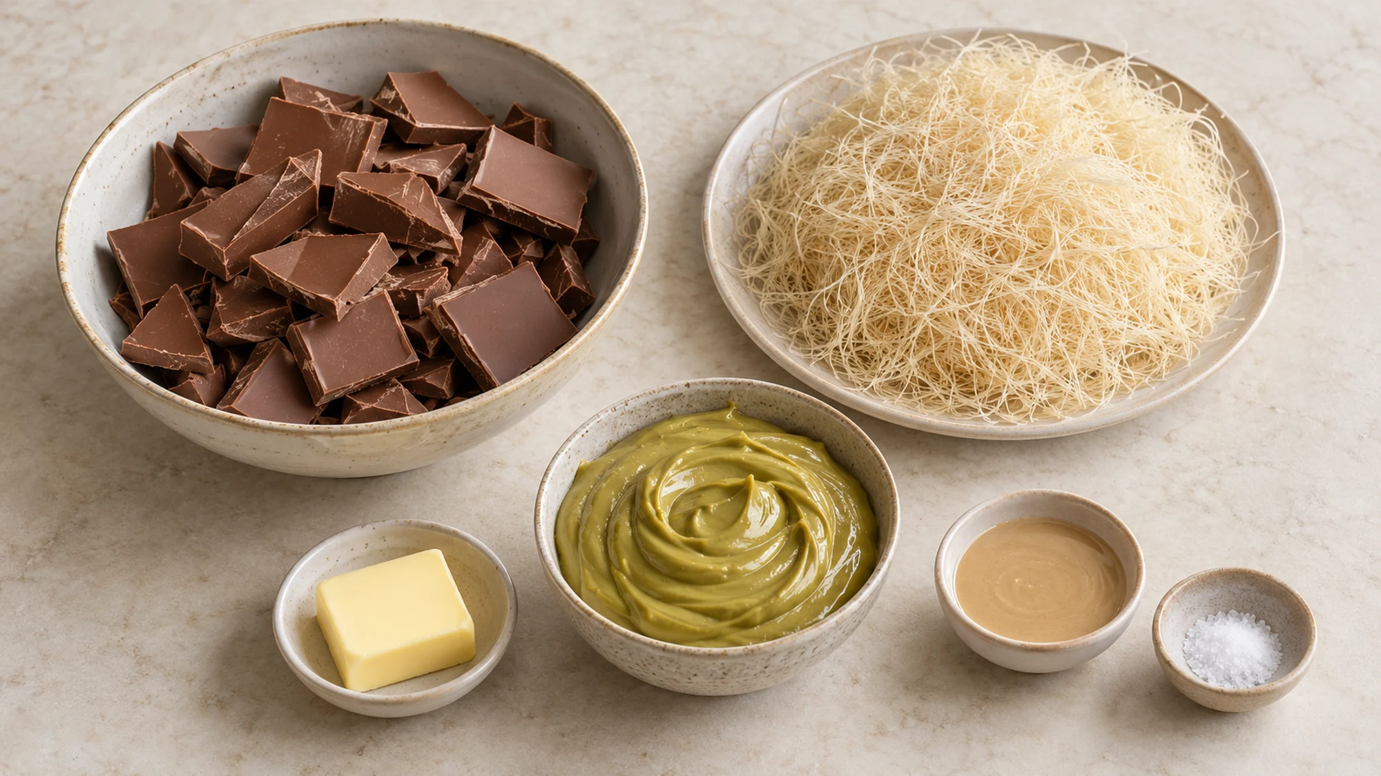 Milk chocolate, kataifi, pistachio cream, butter and tahini ingredients
