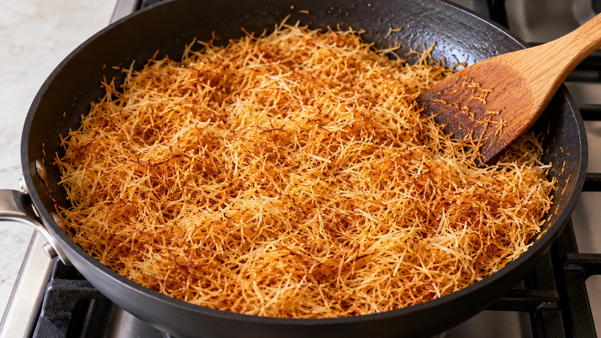 Kataifi pastry strands toasted golden in a skillet