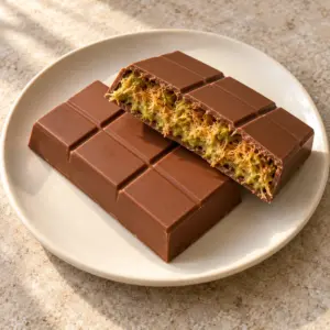 Dubai chocolate bar with a crisp green pistachio-kataifi center