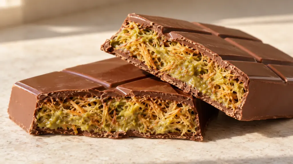 Milk chocolate bar cut open to show crisp pistachio and kataifi filling