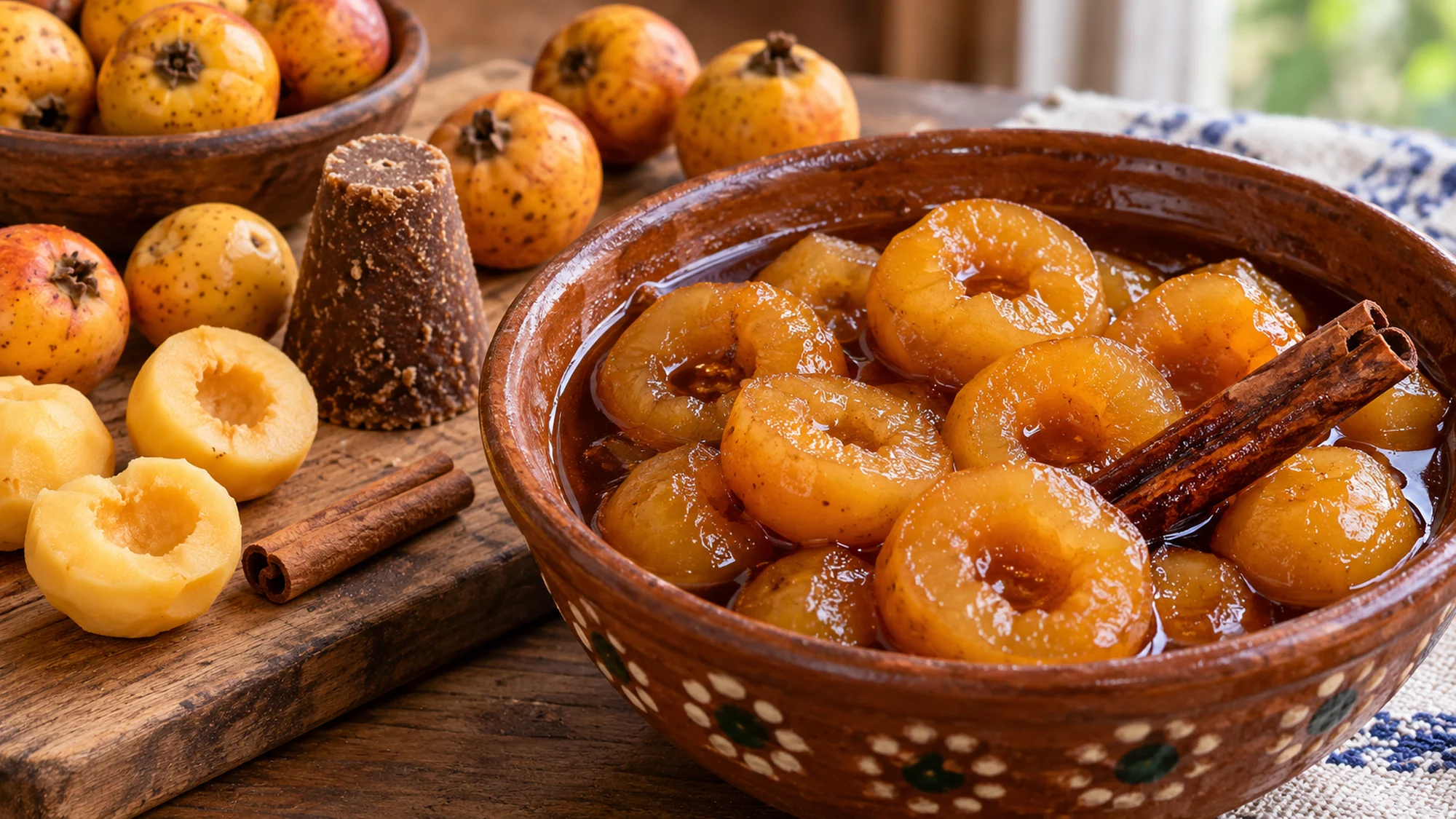 dulce de tejocote beside peeled fruit, piloncillo and cinnamon
