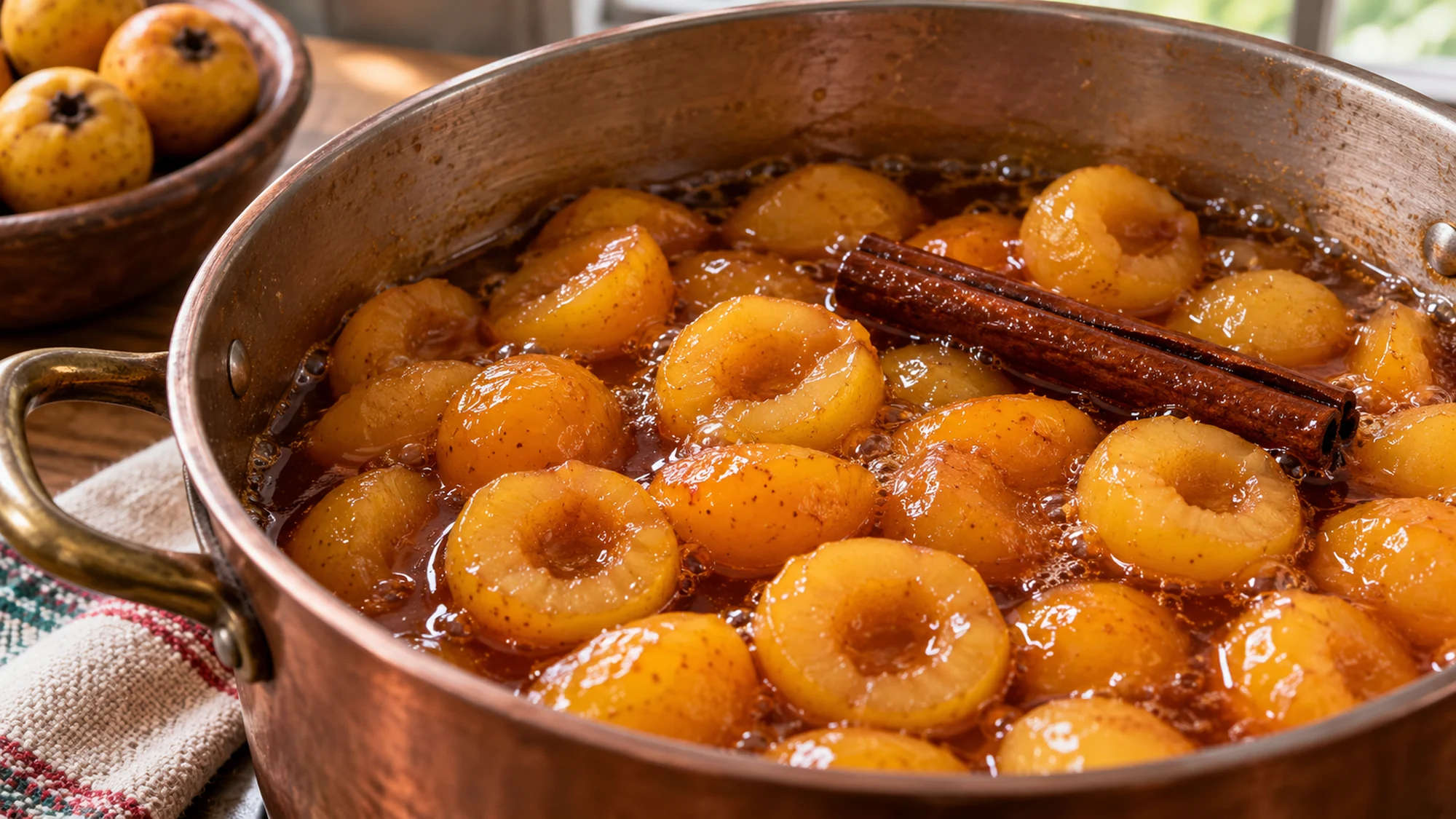 dulce de tejocote gently simmering in a shallow pan
