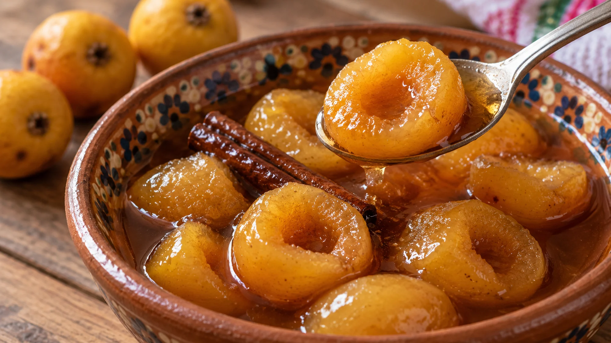 dulce de tejocote lifted on a spoon with syrup