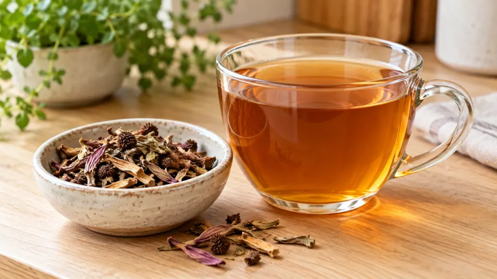 Amber echinacea tea and dried herbs beside a cup