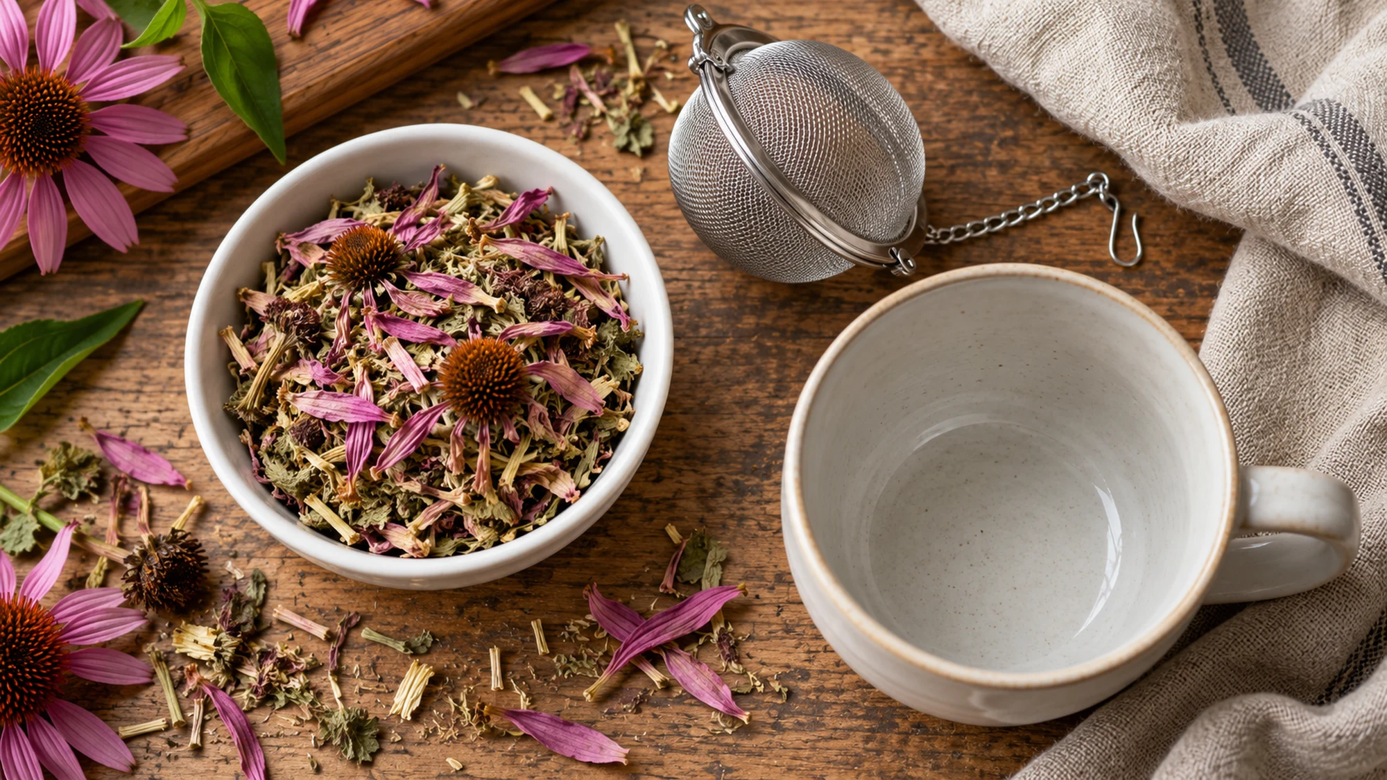Loose echinacea tea beside an infuser and empty cup