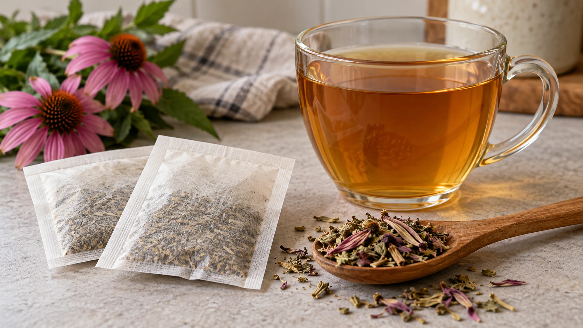 Echinacea tea sachets, loose herbs and a brewed cup
