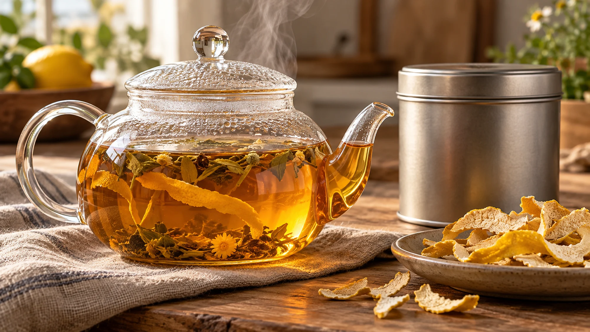 Amber herbal tea in a glass teapot beside dried citrus peel