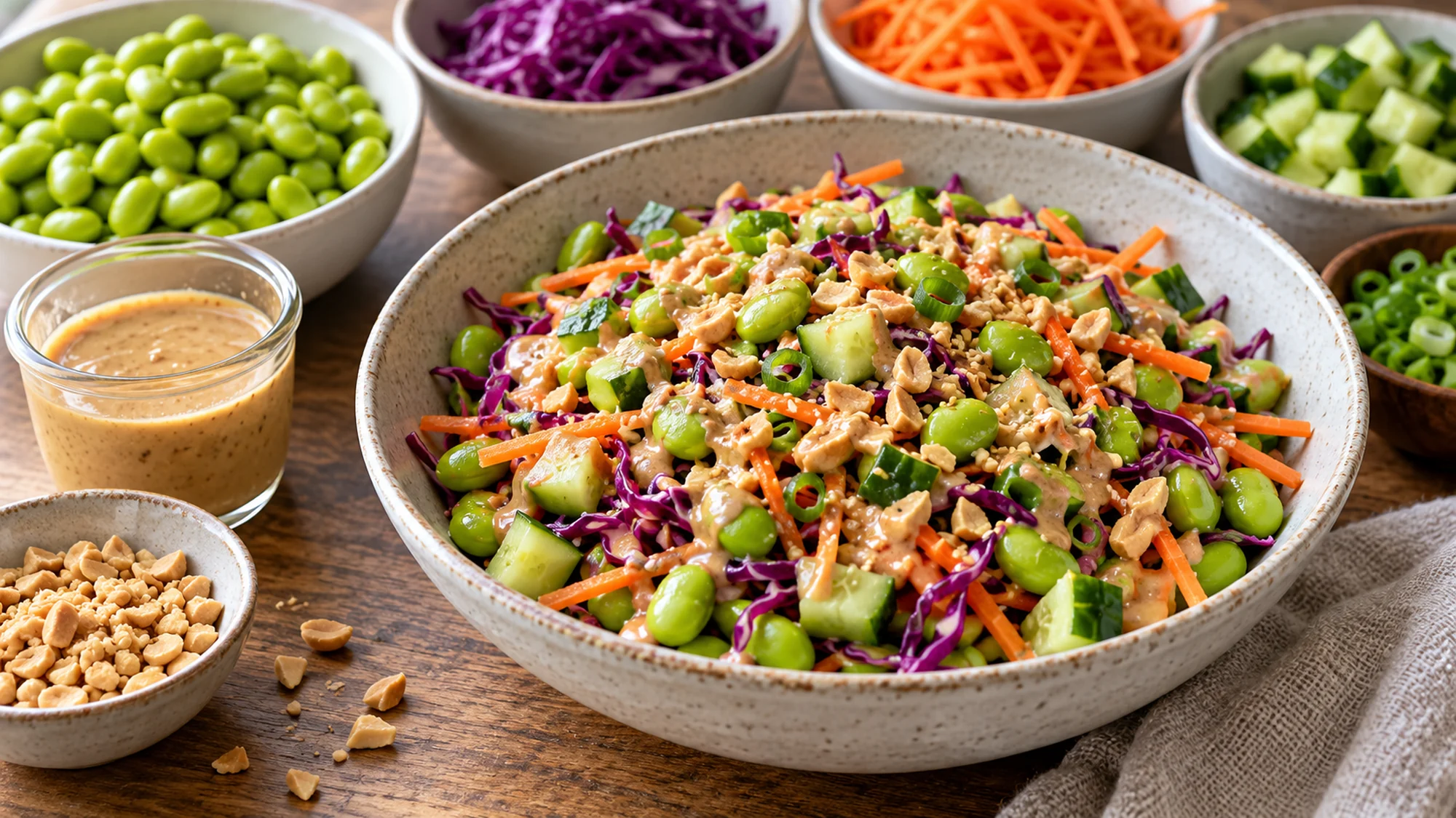 edamame crunch salad beside shelled beans, vegetables and peanut dressing