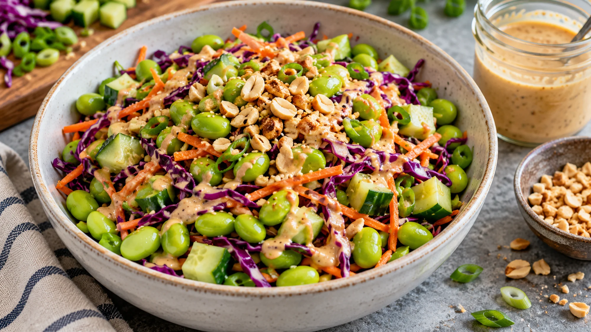 edamame crunch salad tossed with a thin peanut sesame dressing