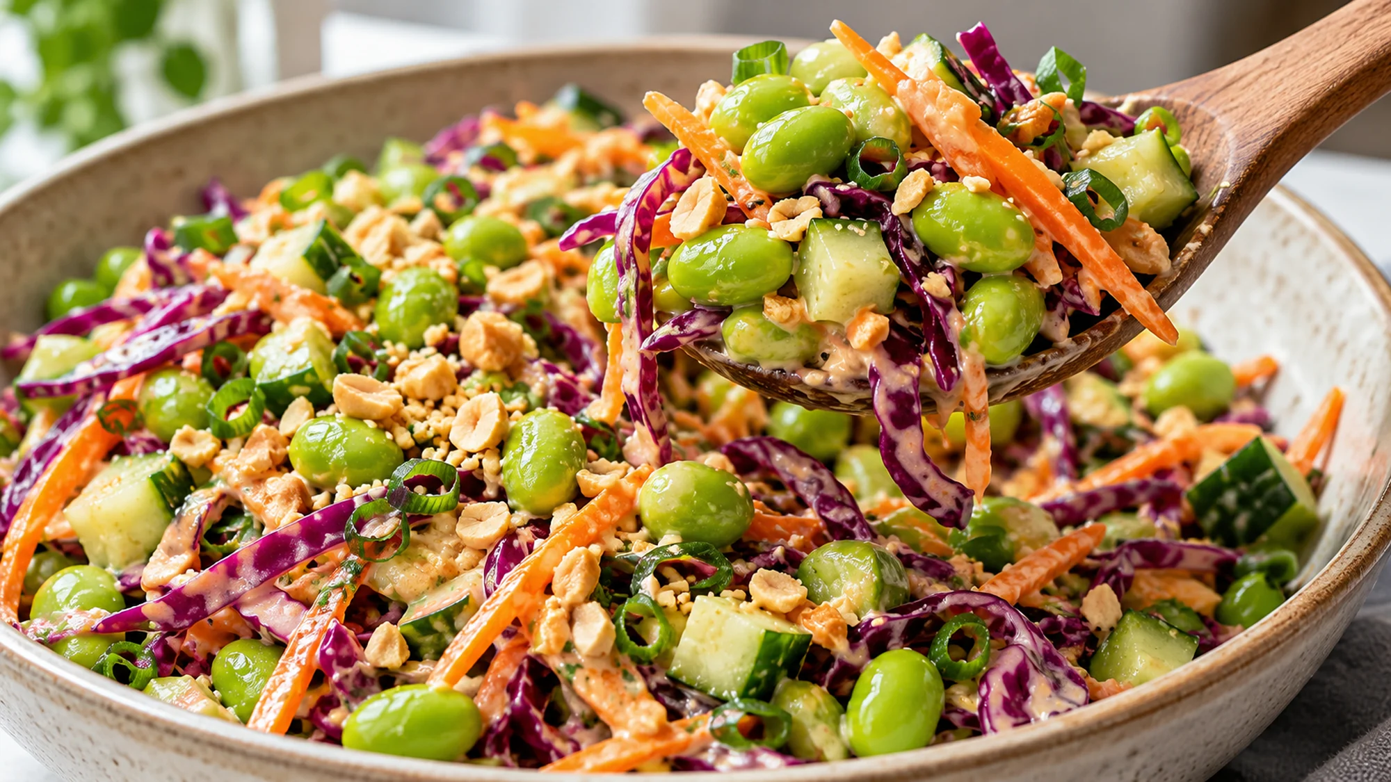 edamame crunch salad lifted with a wooden serving spoon