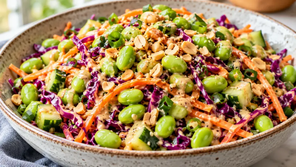 edamame crunch salad with purple cabbage, carrot and peanuts