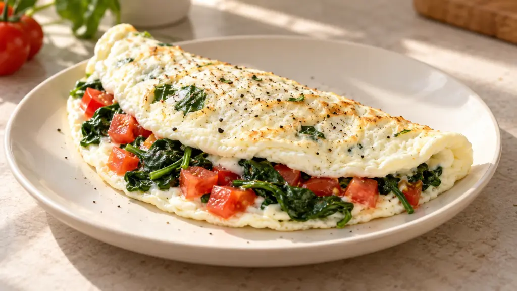 Cooked egg-white omelet with spinach and tomato for an egg albumin nutrition guide