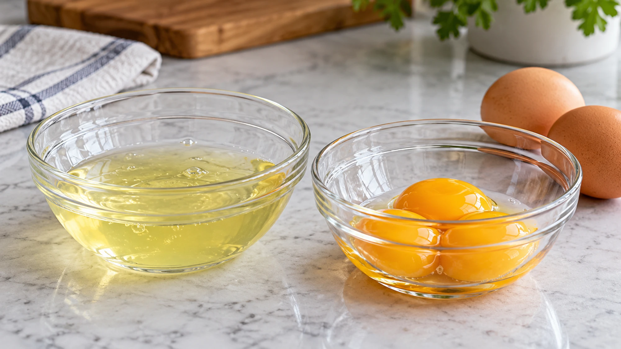 Separate glass bowls of egg whites and yolks