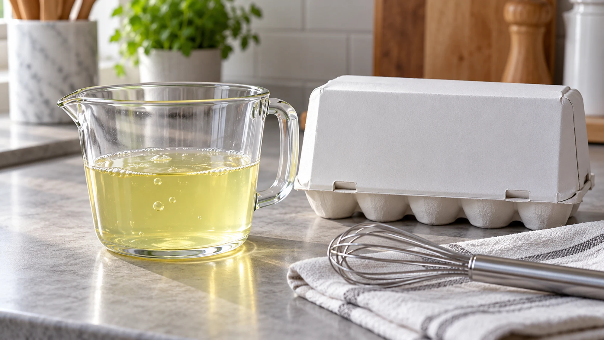Liquid egg whites in a measuring jug beside an egg carton and whisk