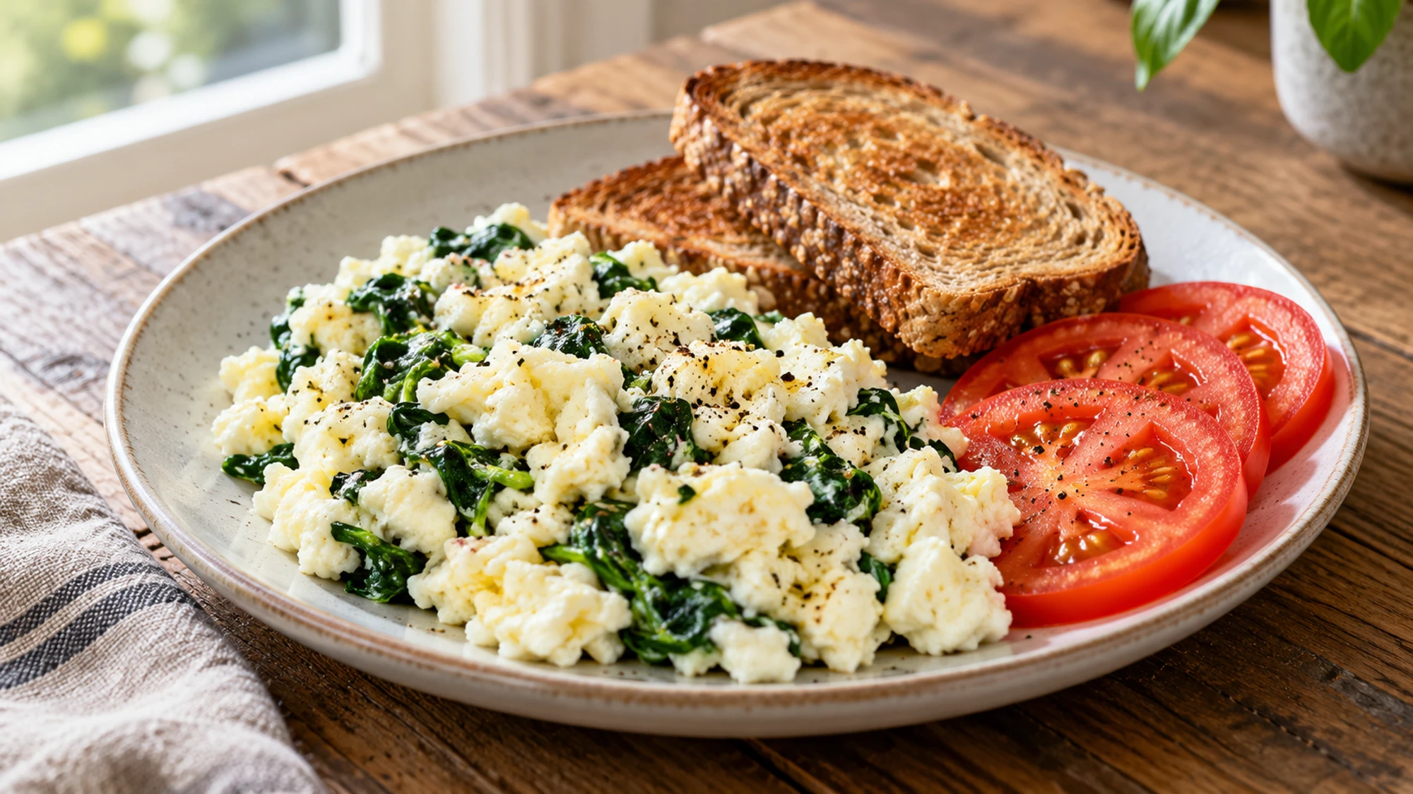 Fully cooked egg-white scramble with spinach, toast and tomato