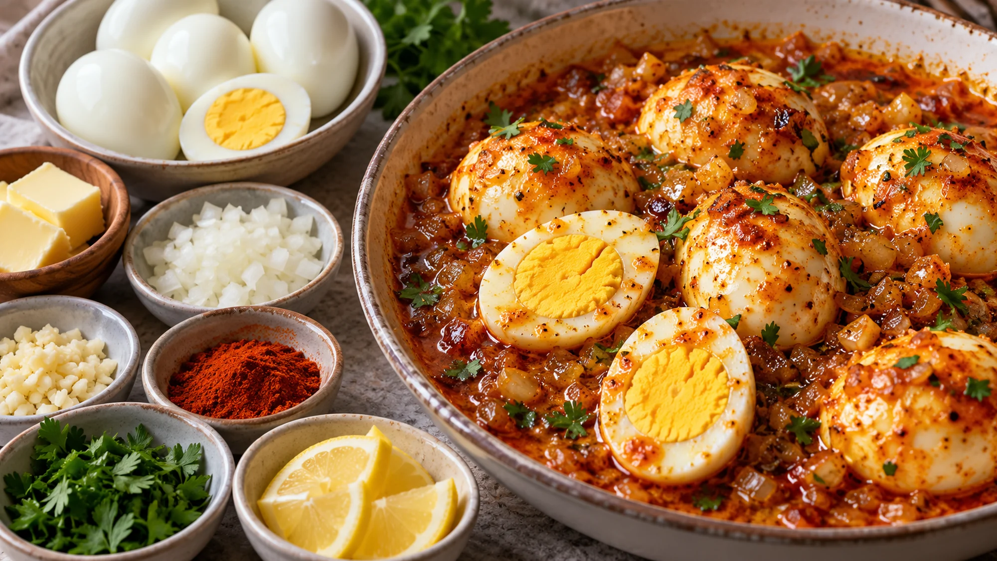 egg boil beside hard-cooked eggs, onion, garlic and spices
