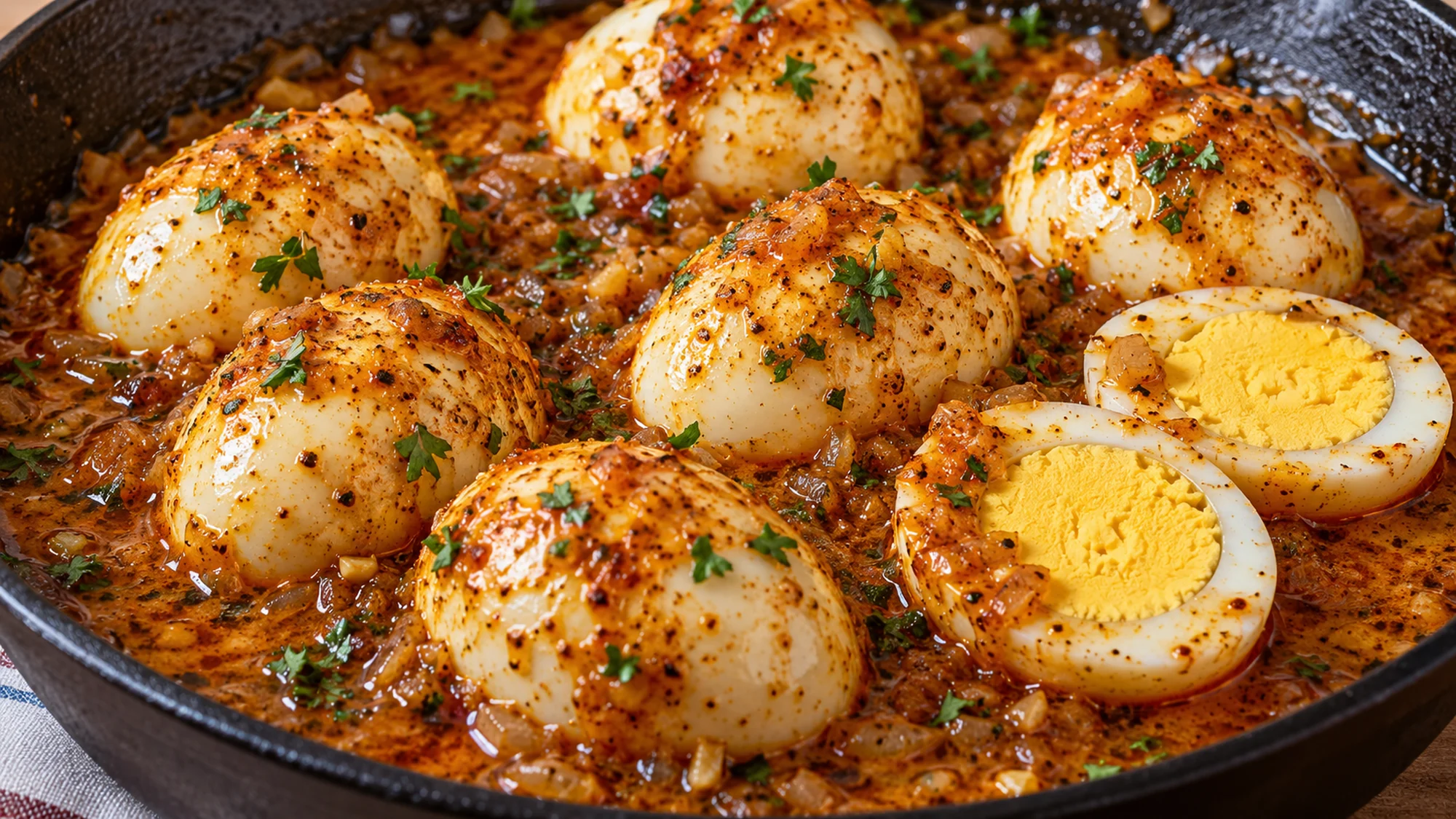 egg boil warming in an onion garlic butter sauce