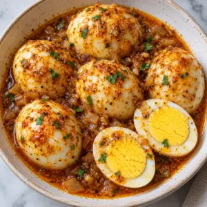egg boil with parsley and Cajun onion sauce, overhead