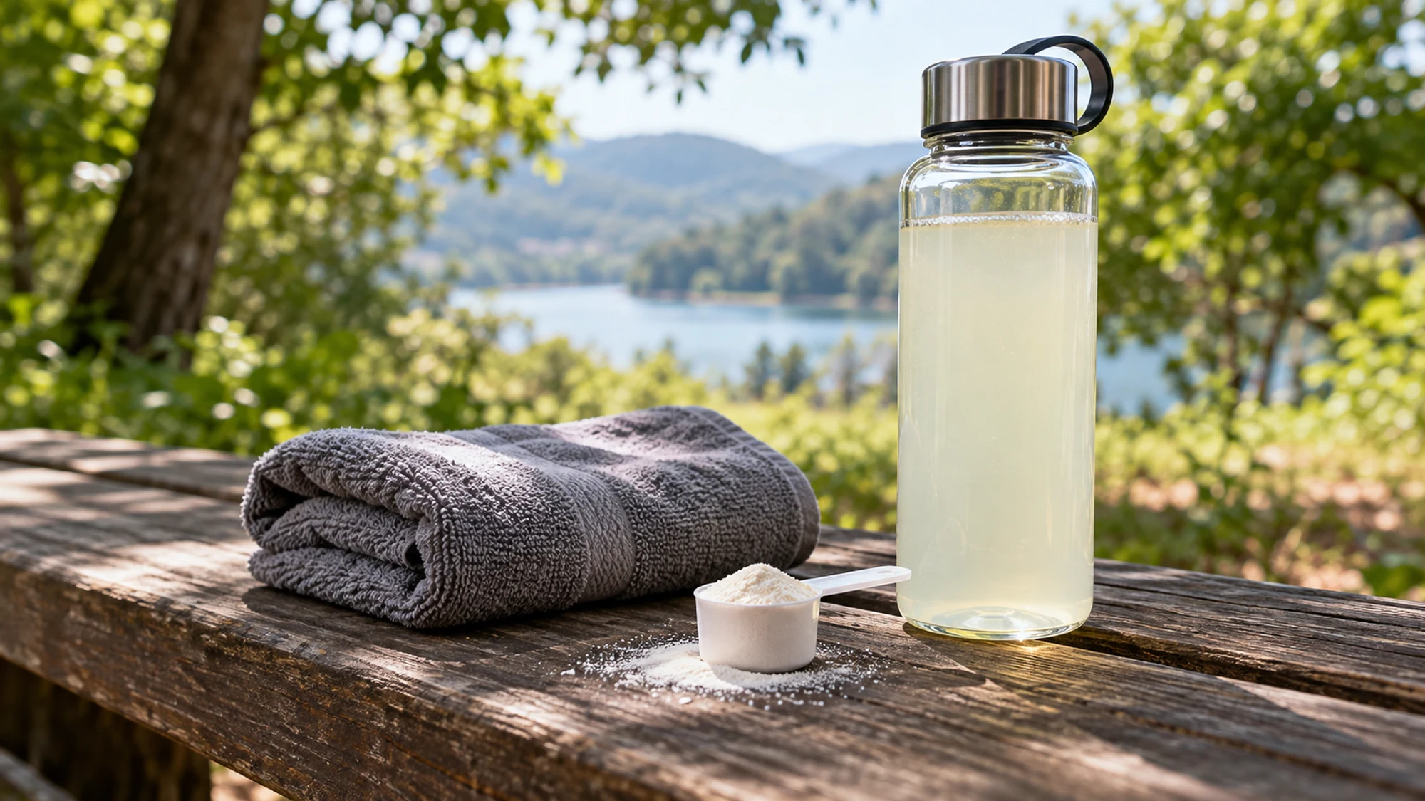 Electrolyte powder in a scoop beside a drink bottle and sports towel