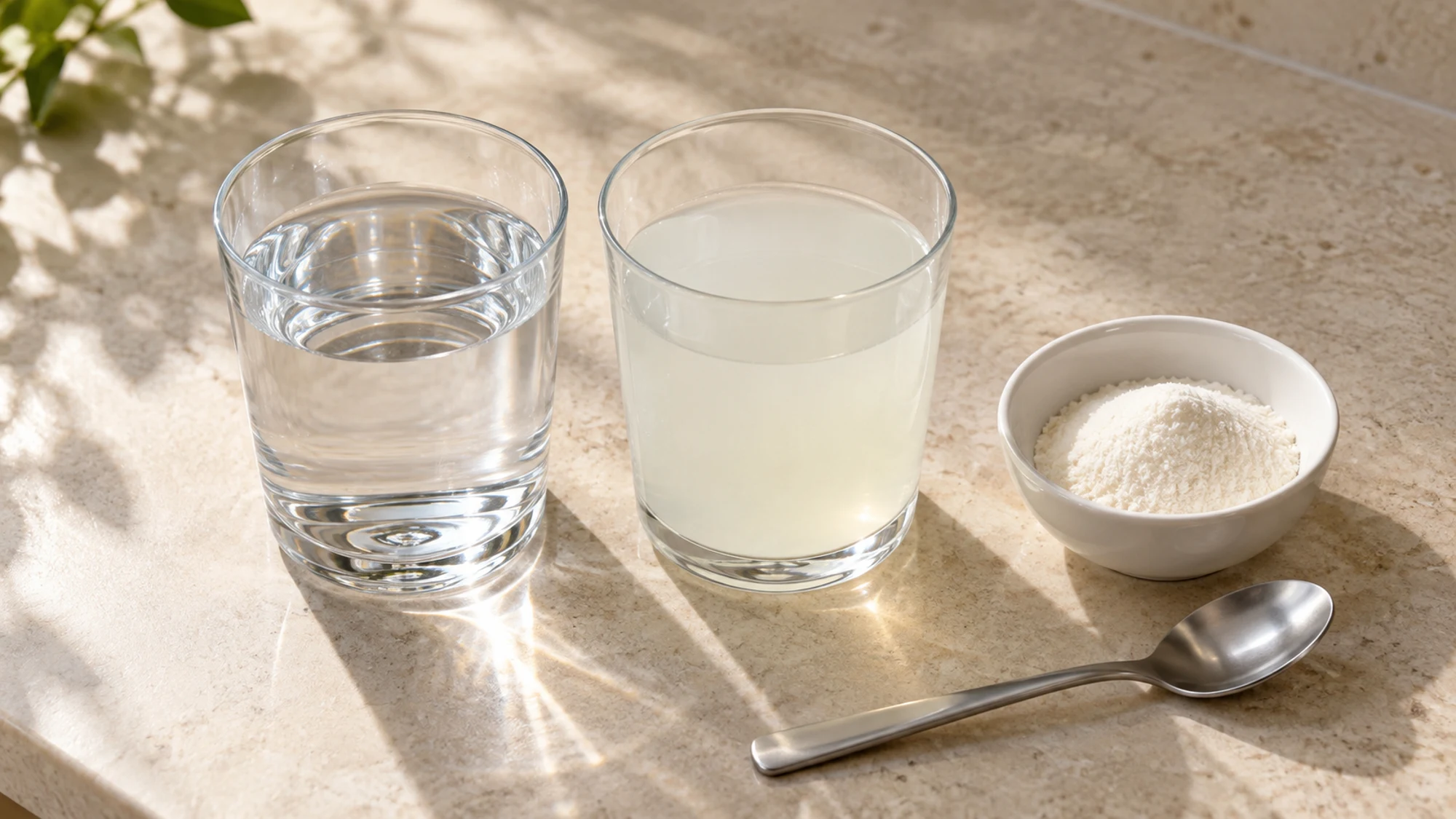 Electrolyte powder beside plain water and a prepared cloudy drink