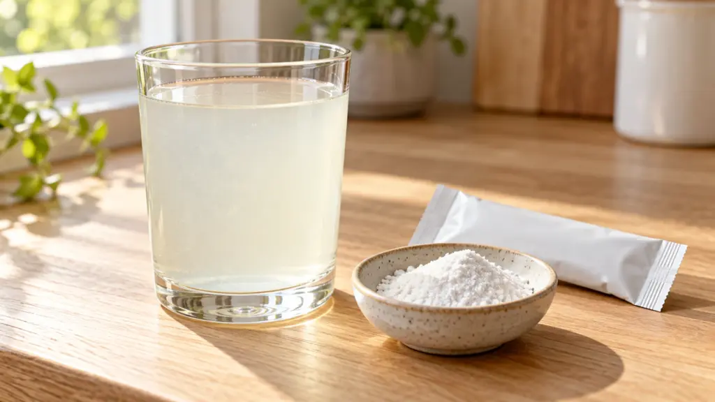 Electrolyte powder beside a glass of pale drink and a blank sachet