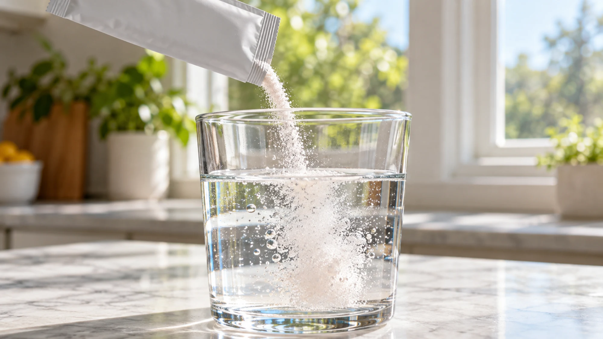 Electrolyte powder pouring from a sachet into a glass of water
