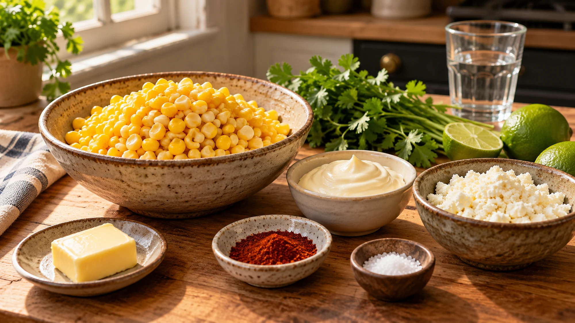 Corn, mayonnaise, Cotija and lime for esquite