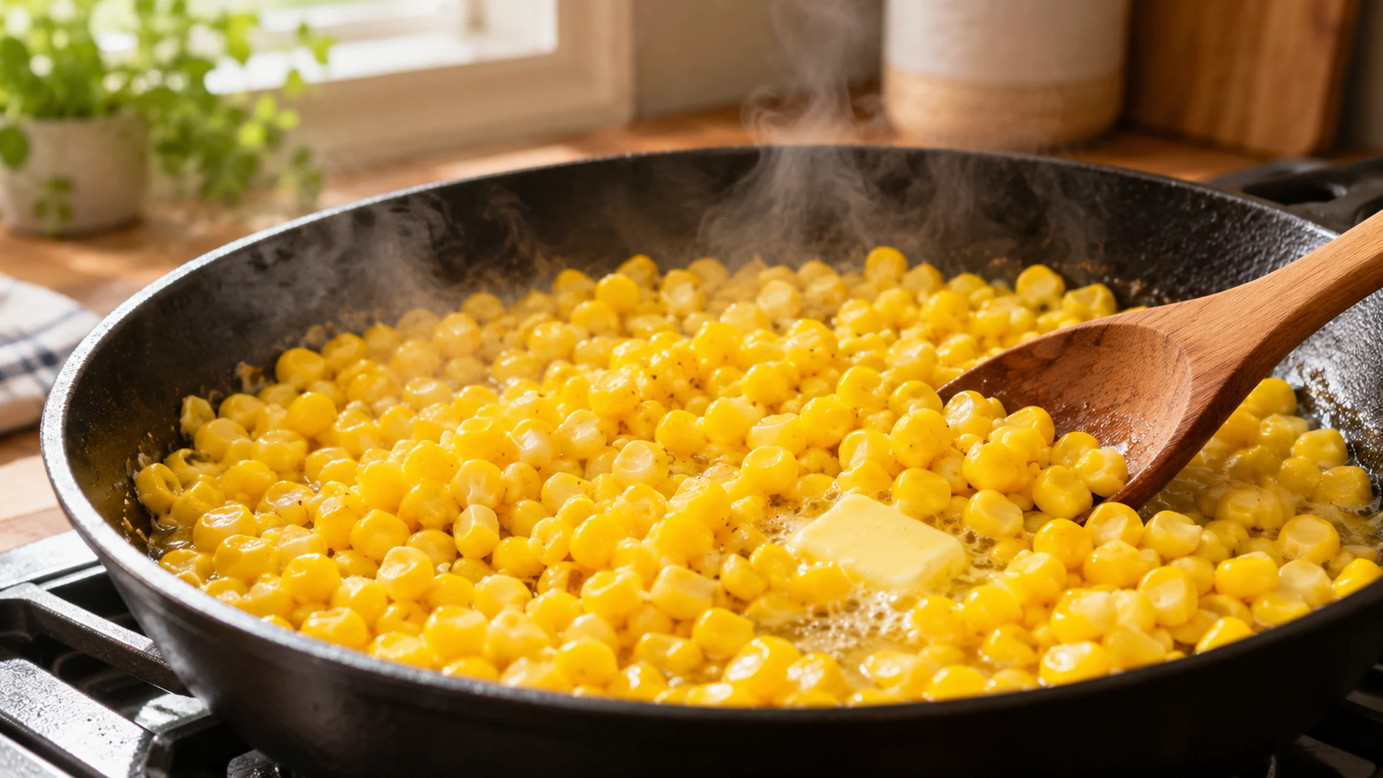Esquite corn kernels gently steaming in butter and water