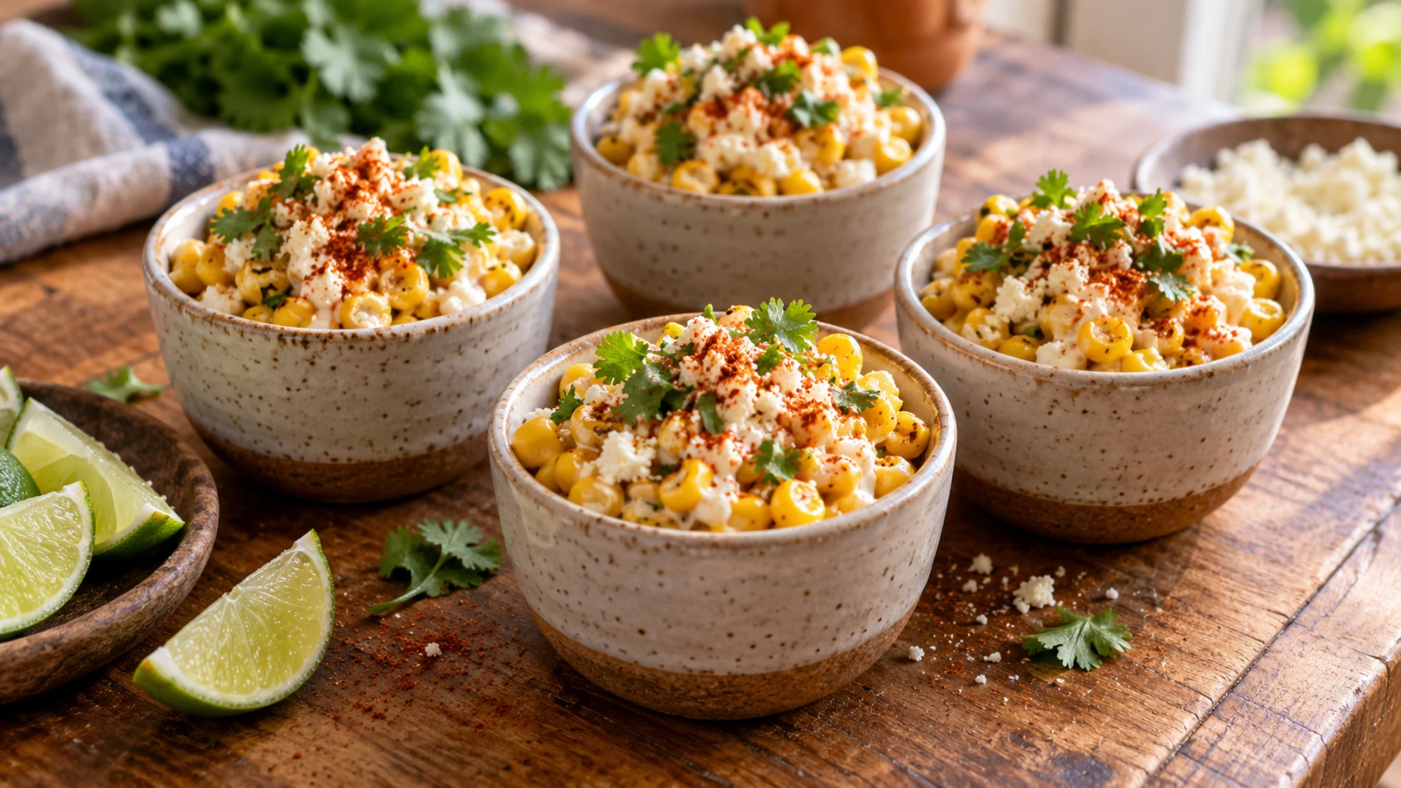 Four small esquite servings with Cotija and cilantro
