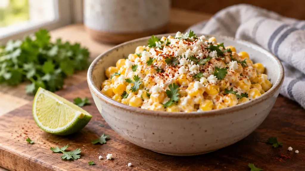 Esquite with warm sweet corn, Cotija, chile and lime