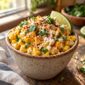 Close view of creamy esquite with distinct corn kernels