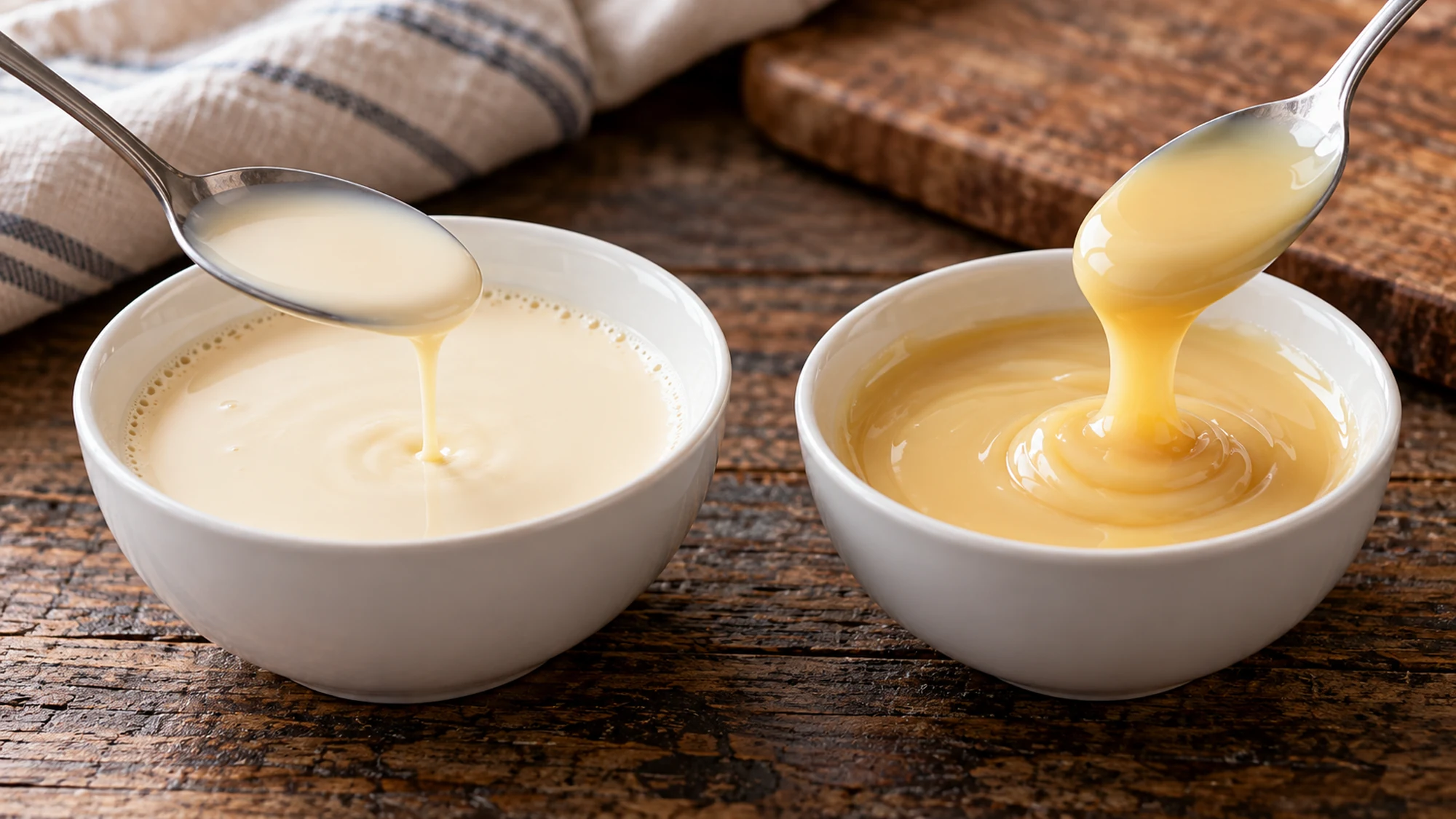 Evaporated milk and thicker sweetened condensed milk in two bowls