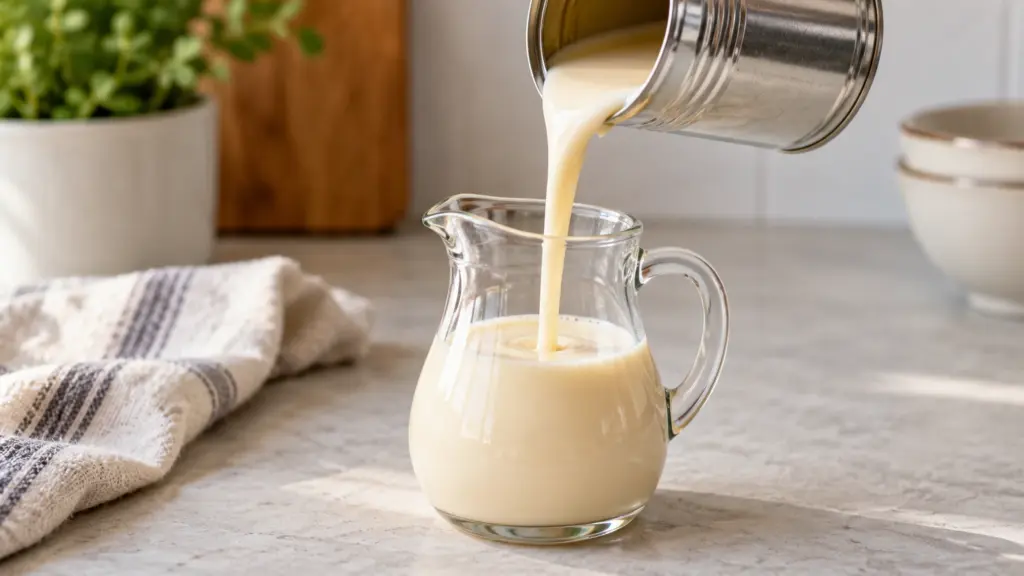 Evaporated milk pouring from a plain can into a glass jug