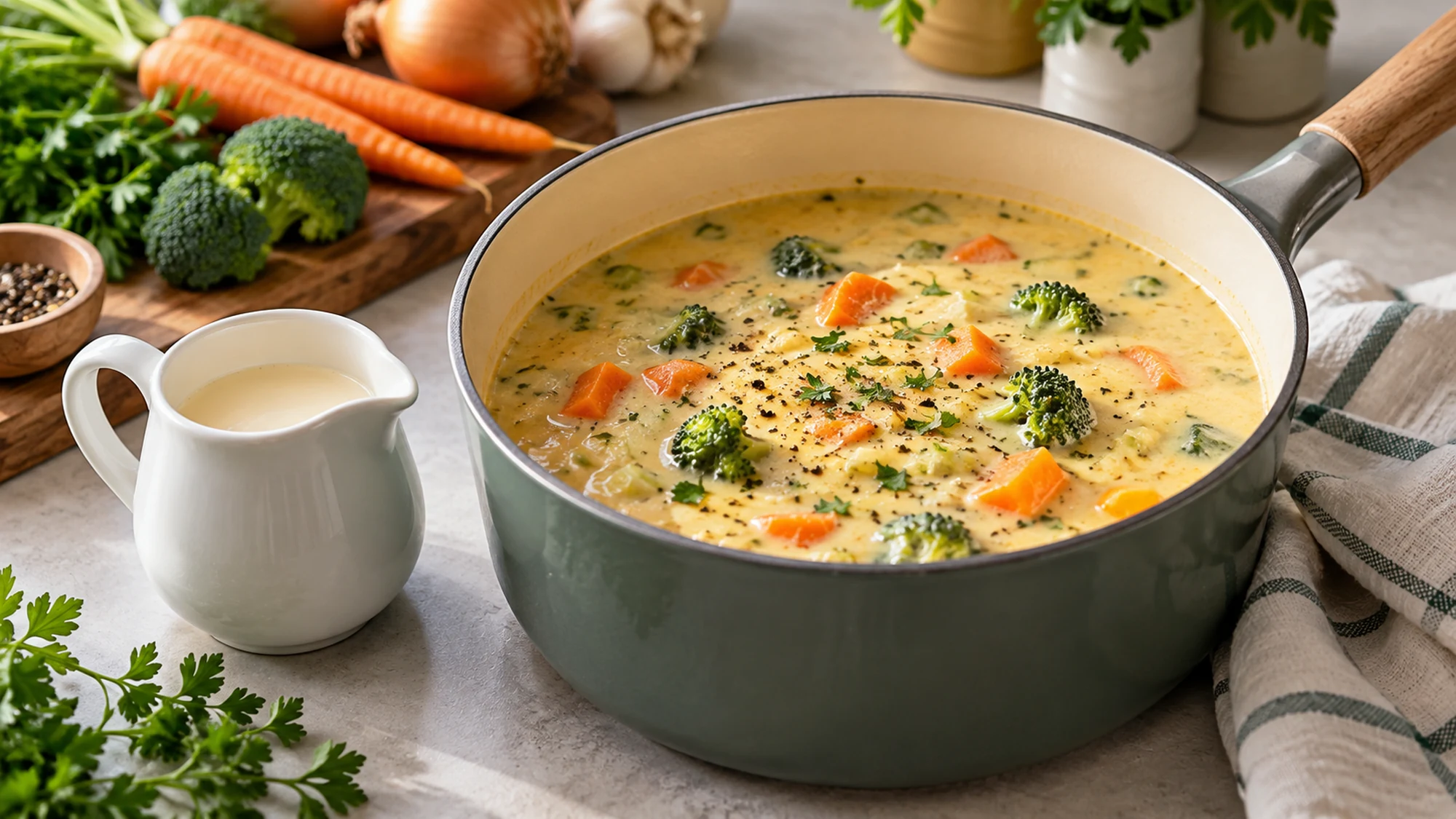 Creamy vegetable soup beside a pitcher of evaporated milk