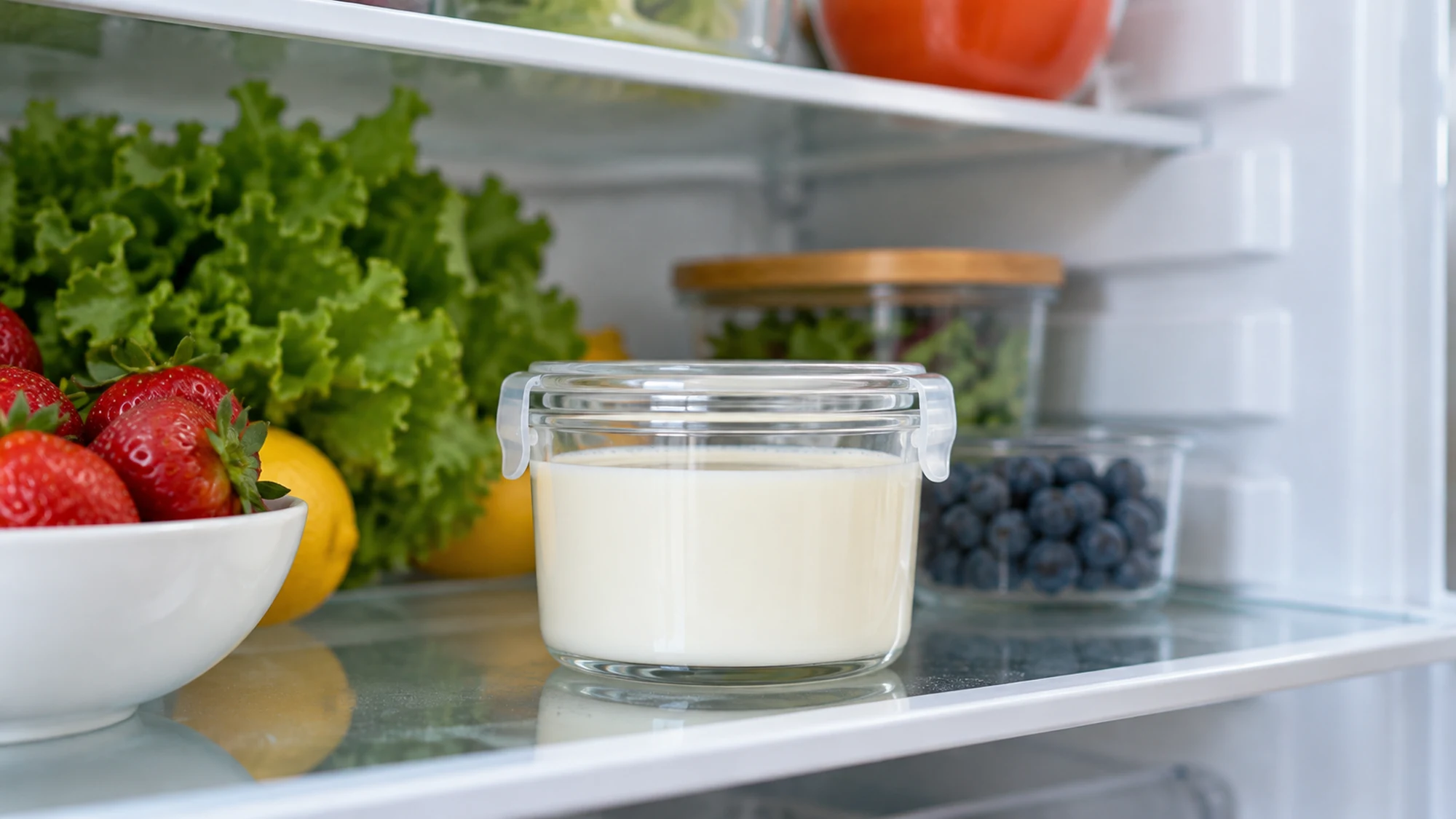 Evaporated milk in a covered glass container on a refrigerator shelf